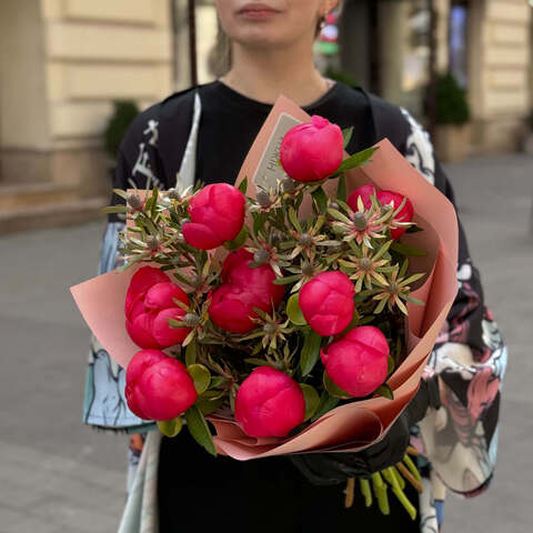 Bright bouquet of 9 peonies and leucadendron «Coral morning», Flowers: Paeonia, Leucadendron