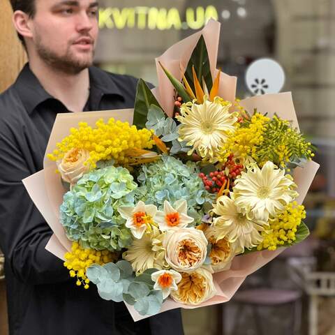 Spring fragrant bouquet with hydrangea, gerberas and peony roses «Wotercolor Florence», Flowers: Hydrangea, Gerbera, Pion-shaped rose, Strelitzia, Mimosa, Narcissus, Ilex, Eucalyptus