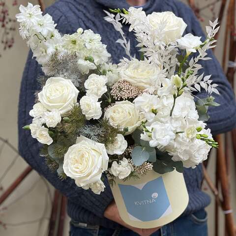 White delicate composition in a box «Noble Silver», Flowers: Rose, Freesia, Eucalyptus, Hydrangea, Ruscus, Ozothamnus, Dianthus, Asparagus, Delphinium