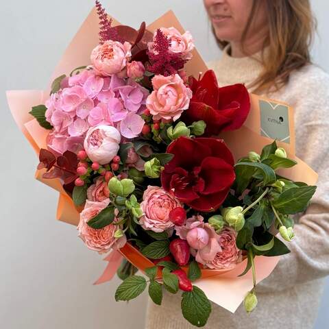 Delicate bouquet with bright accents «Her Joy», Flowers: Peony Spray Rose, Astilbe, Pion-shaped rose, Hydrangea, Helleborus, Hippeastrum, Hypericum, Eucalyptus, Rubus Idaeus, Pepper