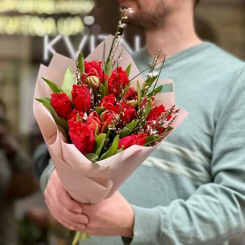 Photo of Red bouquet of tulips and genista «Vivid memory»