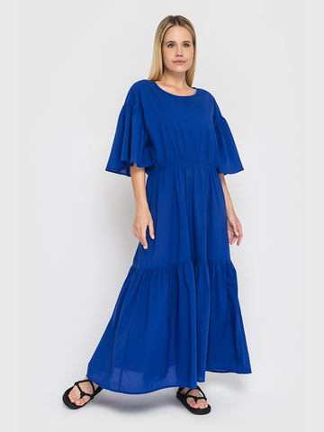 Сукня ярусна з об'ємними рукавами синього кольору 