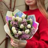 Photo of Delicate bouquet of tulips and chamelaucium «White Shining»