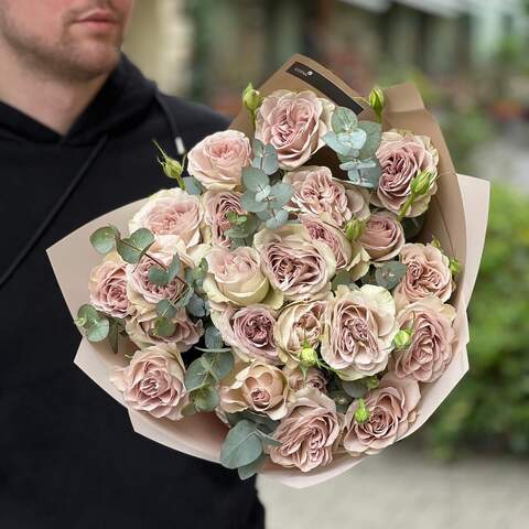 Exquisite bouquet of Notre Dame spray peony roses «Morning Paris», Flowers: Peony Spray Rose, Eucalyptus