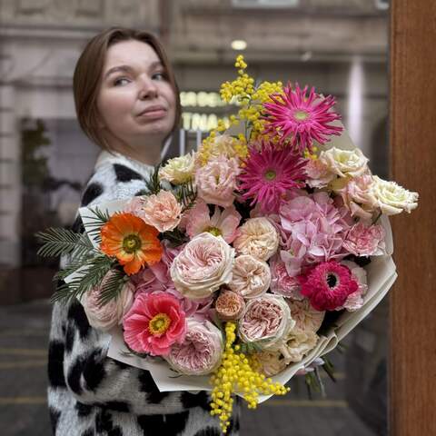 Bright colorful bouquet «Pink Crinoline», Flowers: Dianthus, Pion-shaped rose, Hydrangea, Papaver, Mimosa, Gerbera, Peony Spray Rose, Anemone, Eustoma