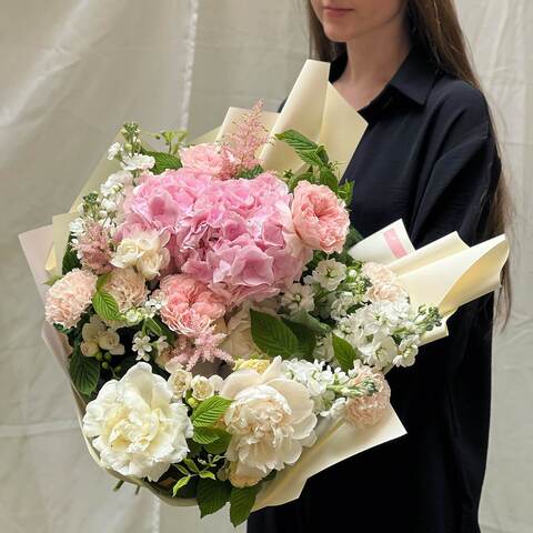 Bouquet «Sweet feelings», Flowers: Hydrangea, Paeonia, Pion-shaped rose, Astilbe, Matthiola, Freesia, Dianthus, Oxypetalum