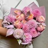 Photo of Delicate bouquet with dahlias and peony roses «Pink Fog»