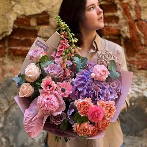 Bouquet «Watercolor Palette», Flowers: Hydrangea, Ranunculus, Anemone, Pion-shaped rose, Eucalyptus, Anthurium, Paeonia, Dianthus