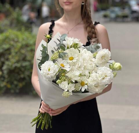 White delicate bouquet «Field Cloud», Flowers: Eucalyptus, Freesia, Asclepias, Eustoma, Cosmos, Hydrangea