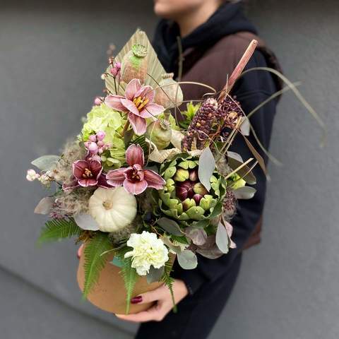 Box with flowers «Forest Dream», Flowers: Artishok, Hydrangea, Dianthus, Papaverum, Symphoricarpos, Tulipa, Eucalyptus