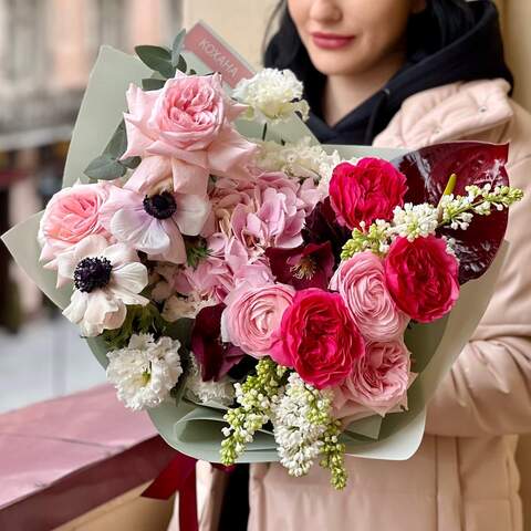Elegant bouquet with ranunculi and peony roses «Romantic dream», Flowers: Anemone, Pion-shaped rose, Syringa, Ranunculus, Hydrangea, Eustoma, Eucalyptus
