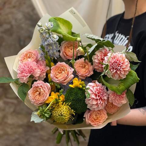 Bright rich bouquet «Rays of Summer», Flowers: Freesia, Rubus Idaeus, Peony Spray Rose, Dianthus, Zantedeschia, Hydrangea, Leucospermum, Dahlia, Delphinium