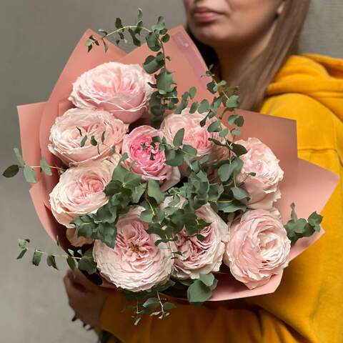 9 Tsumugi peony roses and eucalyptus in a bouquet «Japanese Diamonds», Flowers: Pion-shaped rose of Tsumugi variety - 9 pcs., Eucalyptus