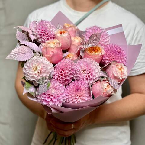 Photo of Delicate bouquet with dahlias and peony roses «Pink Fog»