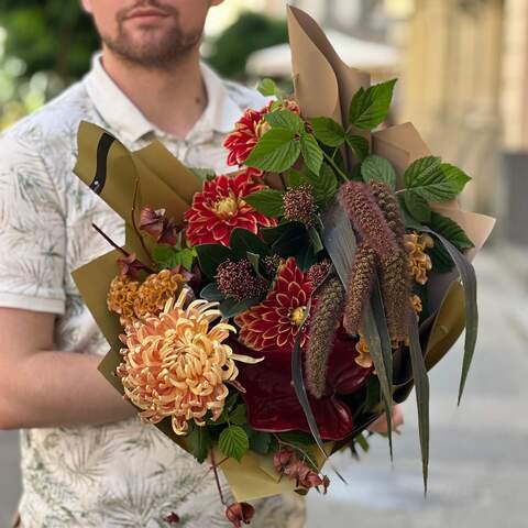 Autumn bouquet in warm shades «Thought of the Golden Dragon», Flowers: Anthurium, Skimmia, Chrysanthemum, Celosia, Rubus Idaeus, Dahlia, Setaria