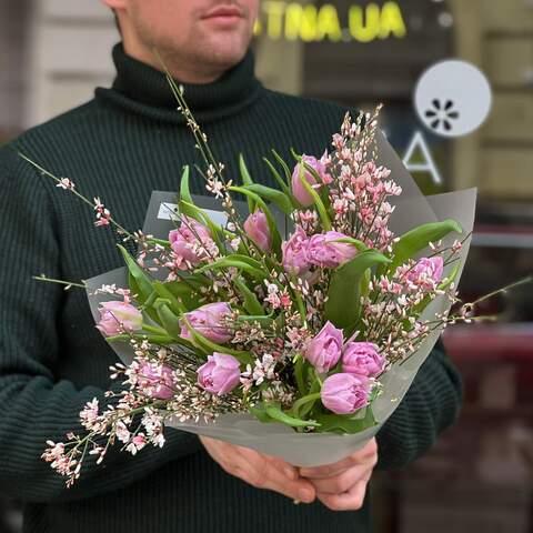 Bouquet of peony rulips and pink genista «Spring compliment», Flowers: Tulip pion-shaped, Genista