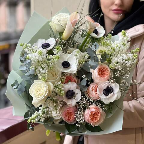 Incredibly delicate bouquet of exquisite flowers with the addition of lilacs and anemones «Breathe the spring!», Flowers: Anemone, Pion-shaped rose, Syringa, Genista, Zantedeschia, Eucalyptus
