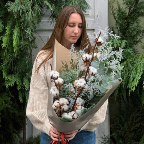 Bouquet «Winter», Flowers: Nobilis, Asparagus, Gossypium, Eucalyptus