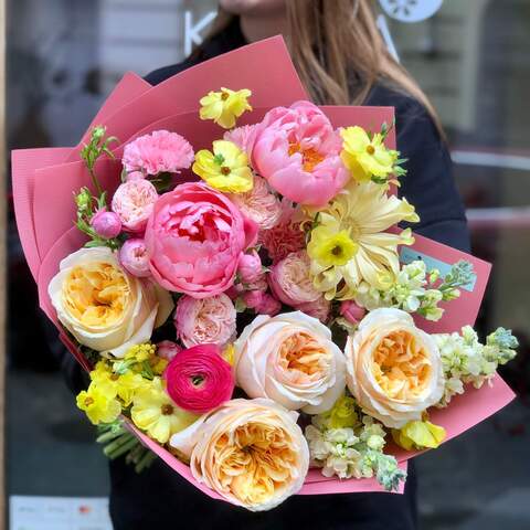 Light colorful bouquet of peonies, peony-shaped roses, ranunculi and matthiola «Mango aroma», Flowers: Paeonia, Pion-shaped rose, Matthiola, Ranunculus, Gerbera