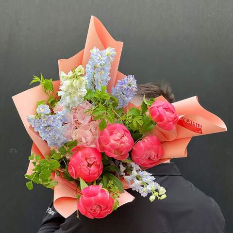 Bouquet «Colorful corals», Flowers: Paeonia, Hydrangea, Delphinium, Raspberry twigs