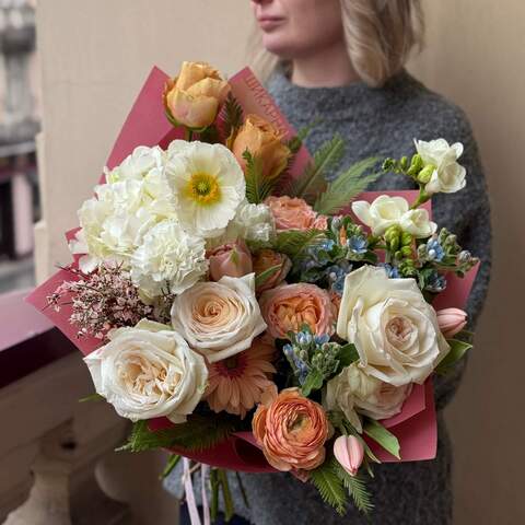 Luxurious bright bouquet with various flowers «Morning Cappuccino», Flowers: Ranunculus, Oxypetalum, Tulipa, Peony Spray Rose, Gerbera, Hydrangea, Pion-shaped rose, Genista, Dianthus, Ambrella, Freesia, Papaver