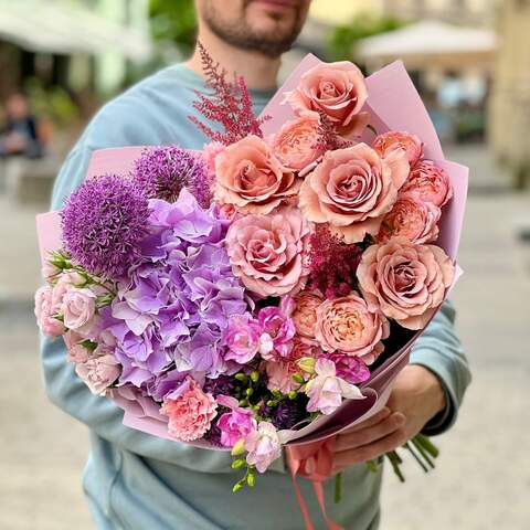 Warm bouquet with hydrangea and roses «Mystical Lviv», Flowers: Rose, Allium, Peony Spray Rose, Hydrangea, Freesia, Dianthus, Leucadendron