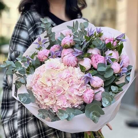 Huge bouquet with peonies «Pink Love», Flowers: Clematis, Hydrangea, Eucalyptus, Paeonia