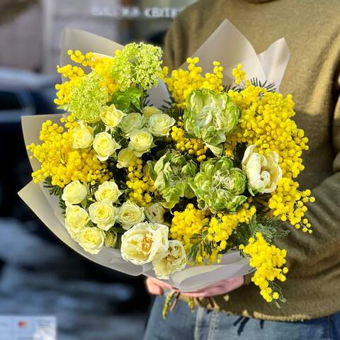 Bright bouquet with mimosa and peony roses «Sunny mood», Flowers: Pion-shaped rose, Mimosa, Viburnum, Bush Rose, Tulipa