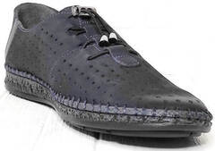 Кэжуал стиль мужские туфли слипоны. Кожаные туфли мокасины с перфорацией Luciano Bellini - Black Blue Nubuck