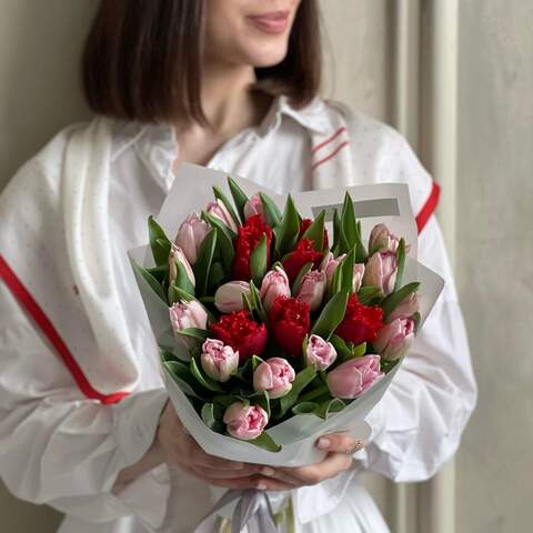 Red and pink mix of peony-shaped and fringed tulips «March mood», Flowers: Tulipa, Tulip pion-shaped, 23 pcs. 