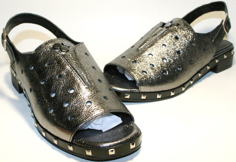 Серебристые босоножки сандали женские кожаные. Летние босоножки на низком каблуке Marani Magli - Black Silver.