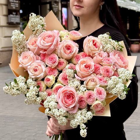 Luxurious bouquet with spray peony roses «Mother's Smile», Flowers: Pion-shaped rose, Peony Spray Rose, Spiraea