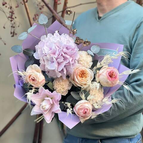 Watercolor bouquet «Pastel Patterns», Flowers: Pion-shaped rose, Eucalyptus, Lilium, Dianthus, Hydrangea, Hordeum, Nicandra