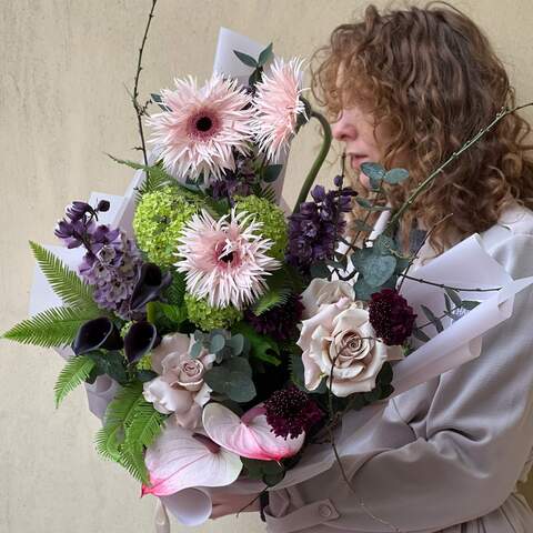 Bouquet «Stormy pass», Flowers: Gerbera, Zantedeschia, Viburnum, Delphinium, Scabiosa, Anthurium, Rose, Ambrella, Eucalyptus