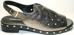 Серебристые босоножки сандали женские кожаные. Летние босоножки на низком каблуке Marani Magli - Black Silver.