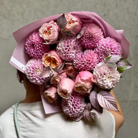 Photo of Delicate bouquet with dahlias and peony roses «Pink Fog»