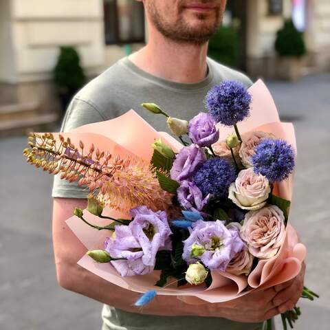 Interesting bouquet with eremurus and eustoma «Lazurite glitter», Flowers: Eustoma, Peony Spray Rose, Allium, Eremurus, Lagurus