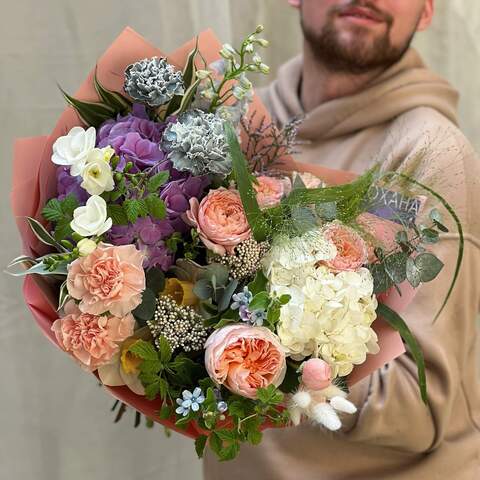 Bouquet «Blooming dance», Flowers: Hydrangea, Pion-shaped rose, Panicum, Dianthus, Freesia, Oxypetalum, Delphinium, Narcissus, Eucalyptus, Lagurus