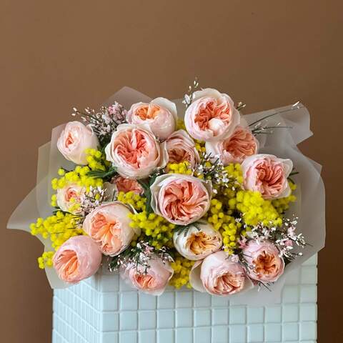Photo of Exquisite bouquet of Juliet premium peony roses and fragrant spring flowers «Beloved Sun»