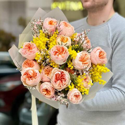 Photo of Exquisite bouquet of Juliet premium peony roses and fragrant spring flowers «Beloved Sun»