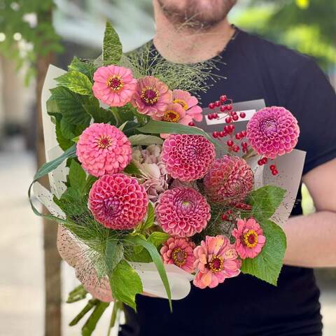 Interesting bouquet with dahlias and zinnia «Sweet Summer», Flowers: Viburnum (berries), Zinnia, Dahlia, Panicum, Hydrangea, Rubus Idaeus