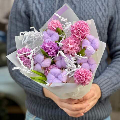 Photo of Purple bouquet of hyacinths and gossypium «Cosy compliment»