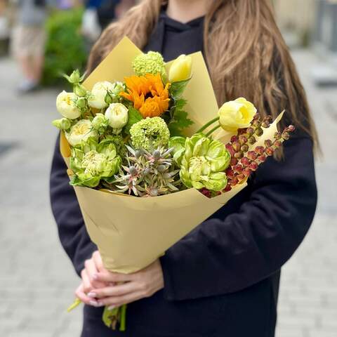 Sunny bouquet with sunflower and peony roses «Citrus marmalade», Flowers: Leucadendron, Helianthus, Peony Spray Rose, Pion-shaped rose, Viburnum, Tulipa