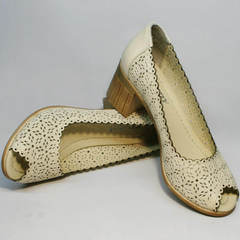 Бежевые туфли на каблуке женские летние Sturdy Shoes 87-43 24 Lighte Beige.