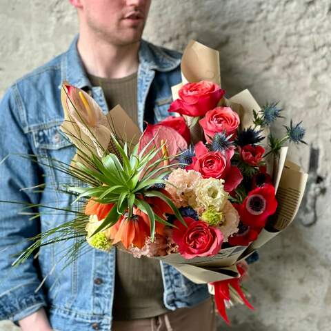 Passionate bouquet with anthurium and egyngium «Ardent secret», Flowers: Eustoma, Fritillaria, Bergras, Anthurium, Eryngium, Pion-shaped rose, Anemone