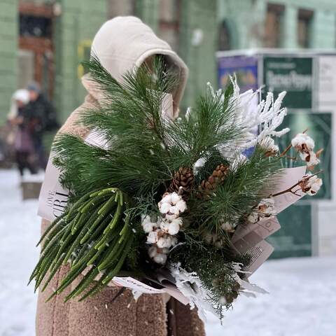 Christmas bouquet «Coniferous delight», Flowers: Nobilis, Gossypium, Araucaria, Cypress, Cones, Pinus