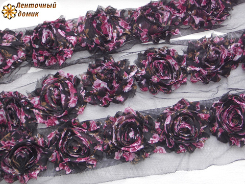 Шифоновые шебби-розы черные с розовыми цветами 6 см