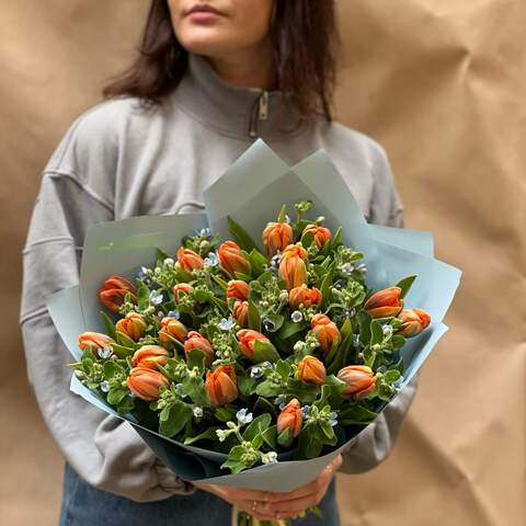 Photo of Contrasting bouquet of peony-shaped tulips and oxypetalum «Orange sky»