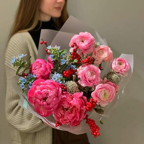 Photo of Stylish and bright bouquet with peonies and ranunculi «Sapphire glitter»
