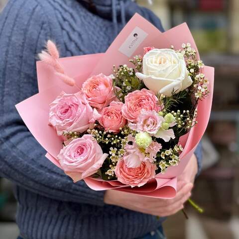 Photo of Pastel bouquet of peony roses and eustoma «Pink thoughts»